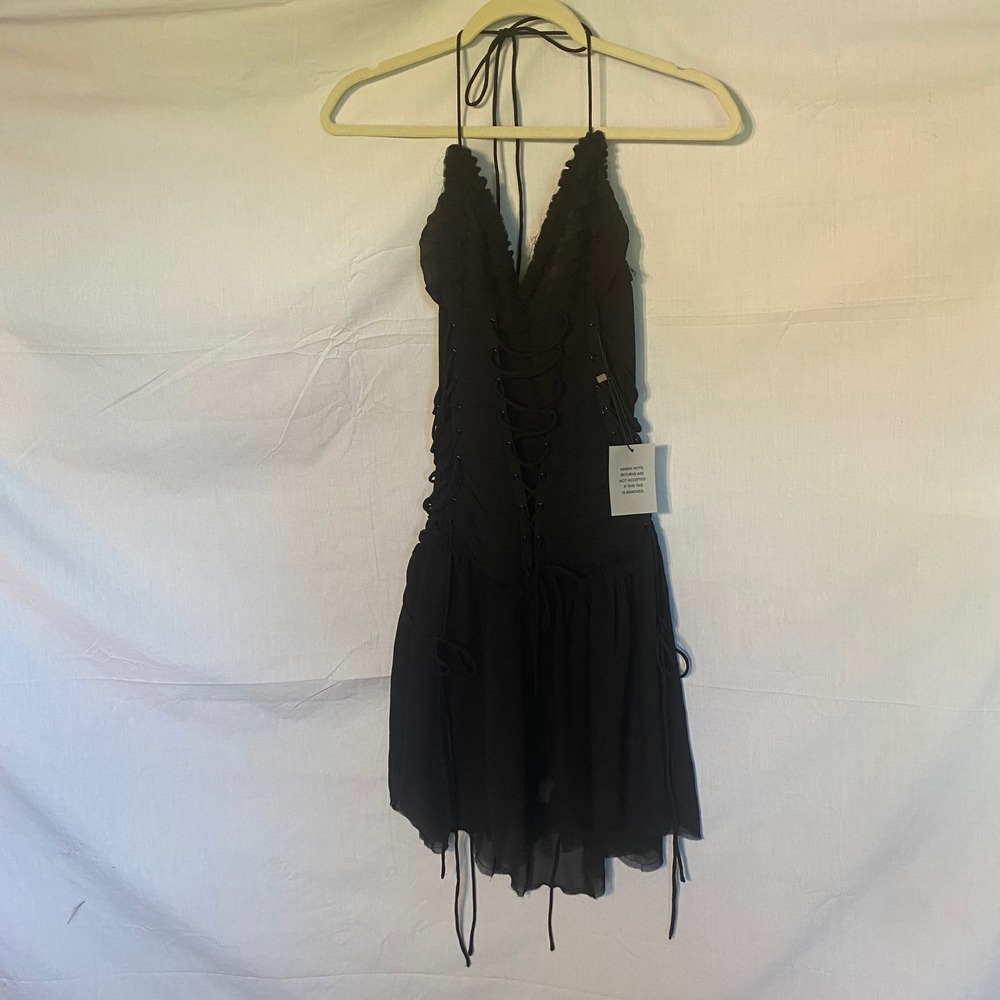 h:ours Black Ruffle Lace Up Halter‎ Neck Mini Dress